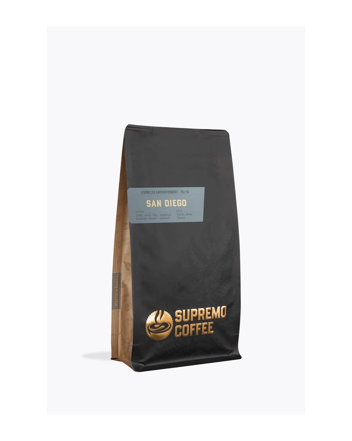 Supremo San Diego cafeïnevrije specialty koffiebonen 250g verpakking