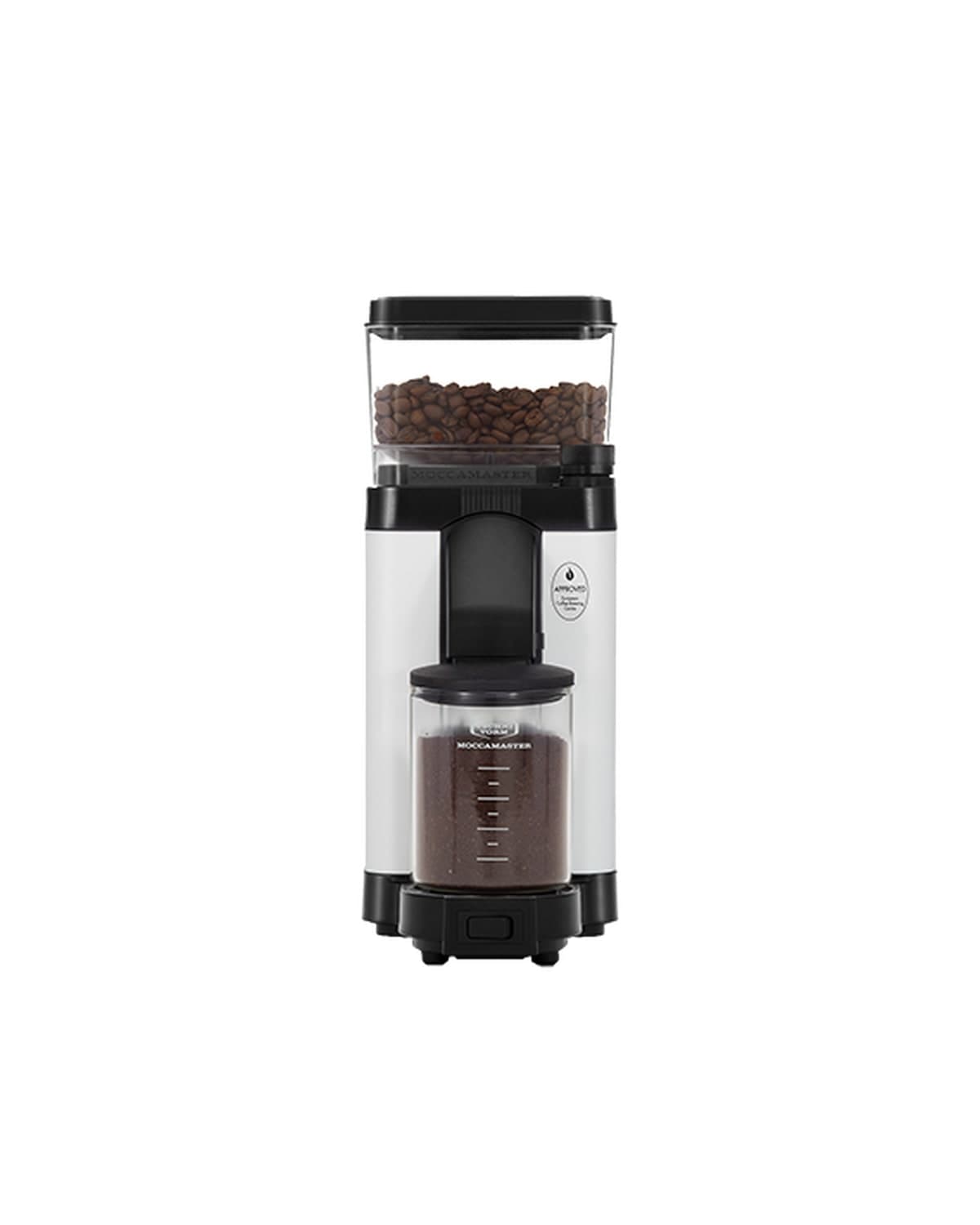 Moccamaster KM5 koffiemolen Polished Silver met glazen opvangbak