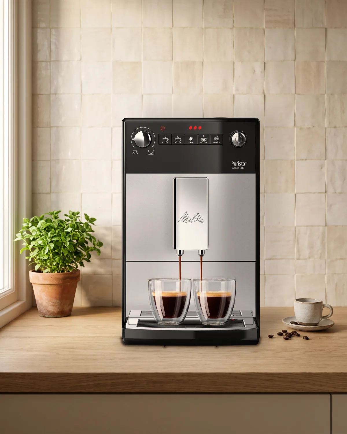 Melitta Purista F230-101 volautomaat in zilver op een eiken aanrecht met witte tegels