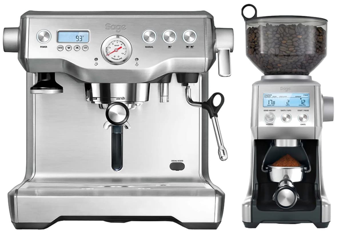 Sage Dynamic Duo set met Dual Boiler espressomachine en Smart Grinder Pro koffiemolen in stainless steel