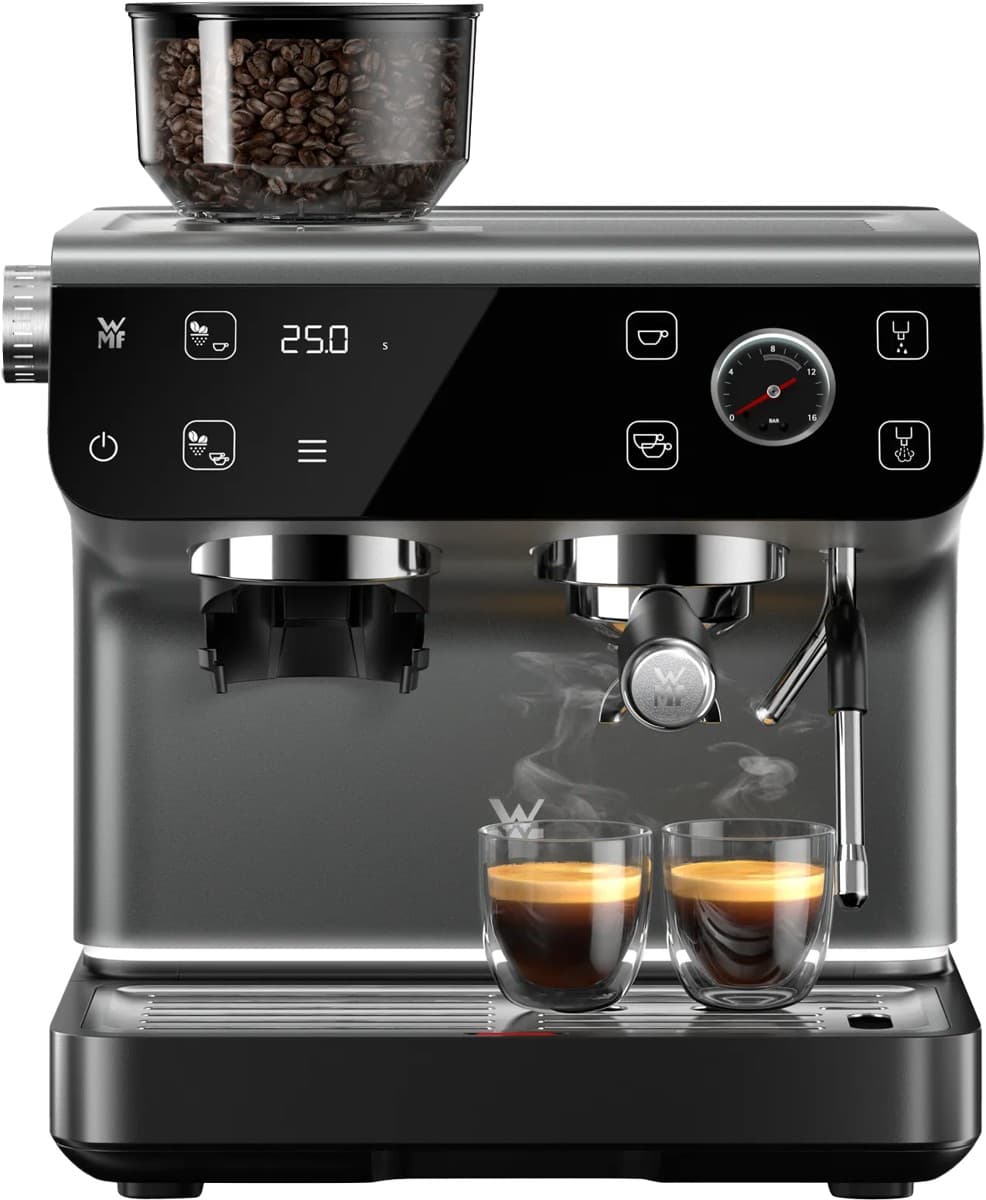 WMF Espresso Pro halfautomatische pistonmachine in roestvrij staal met touchscreen en geïntegreerde molen